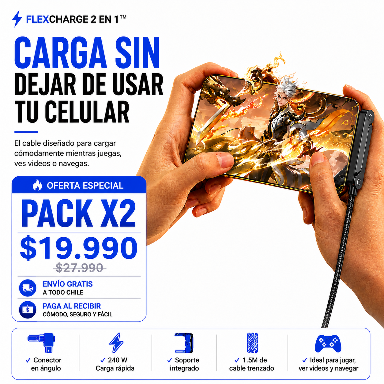 FlexCharge 2 en 1™ — PACK X2 | con carga lateral + soporte integrado